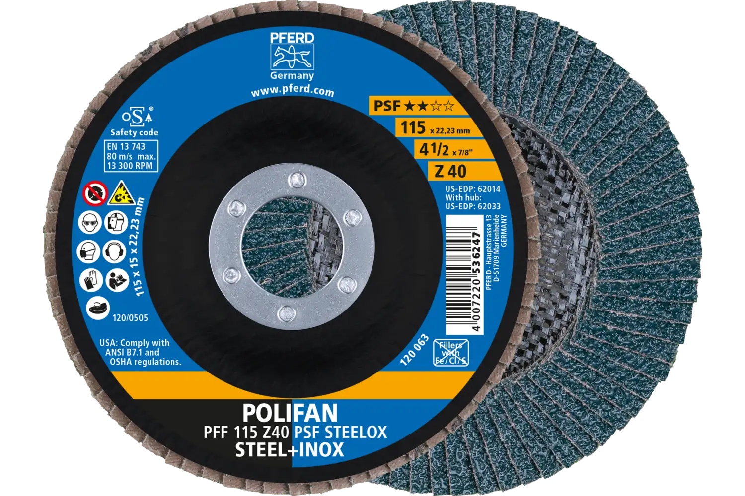 Picture of Pferd Flap Disc, 4-1/2" x 7/8, Z PSF Steelox, 40 Grit, T27, Flat, Zirconia